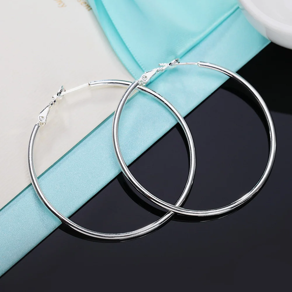 Women 100 925 Sterling Silver Hoop Earring 40/50/60mm Round Circle