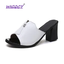 Women Slippers New PU Solid High Square Heels Open Toe Crystal Outside Fashion Concise Lady Peep Toe Mules Shoes Slides women Women Slippers New PU Solid High Square Heels Open Toe Crystal Outside Fashion Concise Lady Peep Toe Mules Shoes Slides women