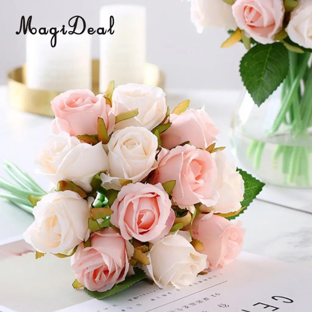 MagiDeal Artificial 12 Branch 25cm Rose Flower Bush Home Decor Wedding Floral Bouquet Potted Table Top Desk Centerpiece