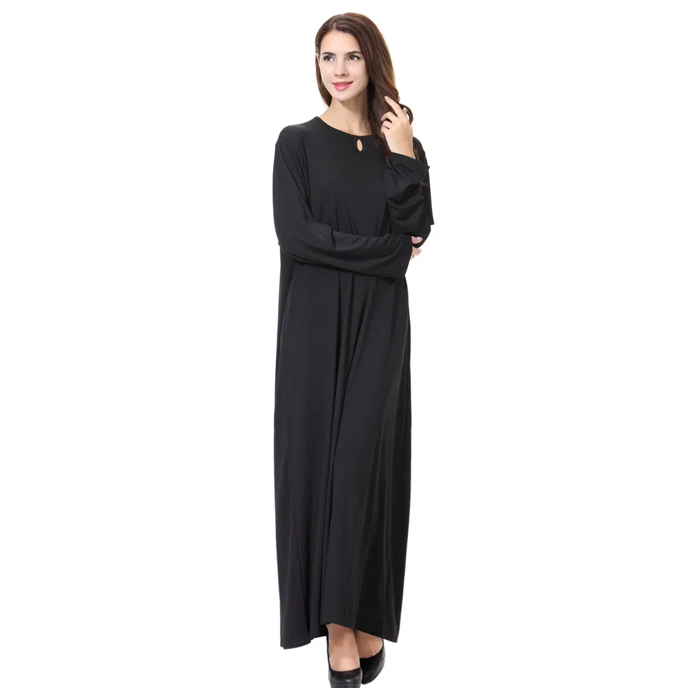 

ISHOWTIENDA Women Lady Daily Casual Muslim Dress Full Of Fashion Design Long Sleeve Vintage Solid Dresses Jilbab Femme Musulman