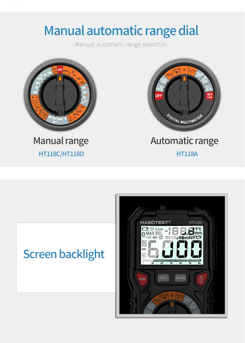 HABOTEST HT118A / C / D Цифровой мультиметр Автоматический диапазон NCV True RMS AC / DC 6000 отсчетов Двухцветный экран Индикатор напряже