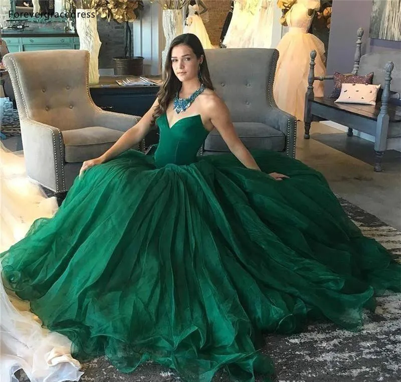 2019 Dark Green Ball Gown Prom Dresses Evening Party Wear Zipper Back Puffy Train plus size Princess Quinceanera Dresses BC0711  119 (2)