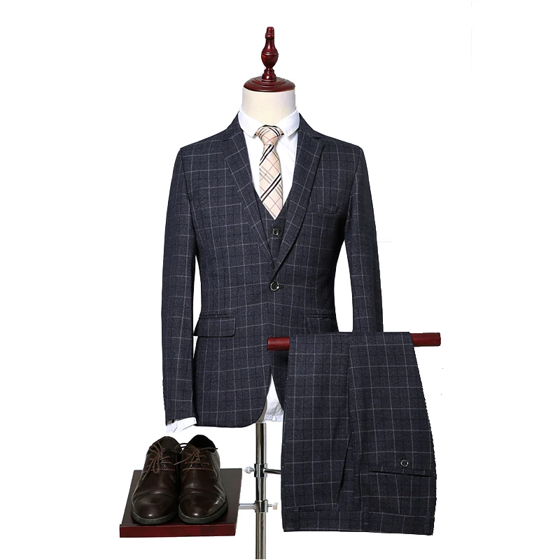 (Пиджак + брюки + жилет) для мужчин Бизнес костюмы классические One Button Slim Fit одной кнопки 2018 новый бренд мужской Клетчатый костюм Черный, серый