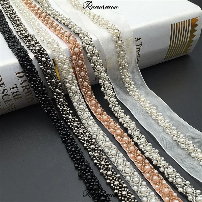 

4Meters/ lot Black Ivory Vintage Net Embroidery Heavy Beaded Flower Lace Trim Ribbon Trimming Garment Accessory 1cm SX410