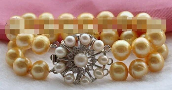 

hot sell909 Double Genuine Natural 11-12mm Golden Round Pearl Bracelet