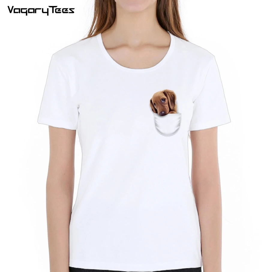 

2019 Cool Pocket Dachshund Dog Funny T-Shirt Summer Fashion Women t-shirt Casual Girl Tops Fake pocket Cute Woman Tees