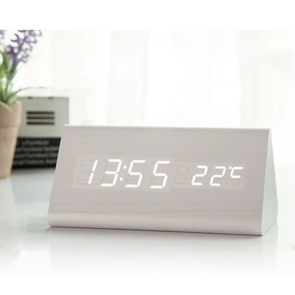 Цифровой будильник Настольный деревянный светодиодный часы светится в темноте управление звуком электронный дисплей термометр домашний Декор подарок - Цвет: WhiteWhite