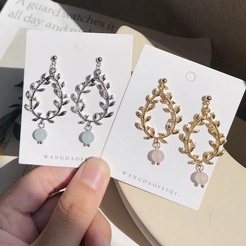

S925 Silver Olive Branch Oval Blue / Pink Crystal Bead Geometric Drop Earrings for Women Girls Wedding Party Statement Jewelry