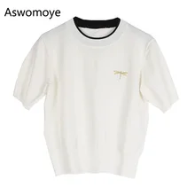 Летняя Весенняя новая стильная женская рубашка с коротким рукавом и круглым вырезом, футболка с вышивкой стрекозы, женская трикотажная футболка