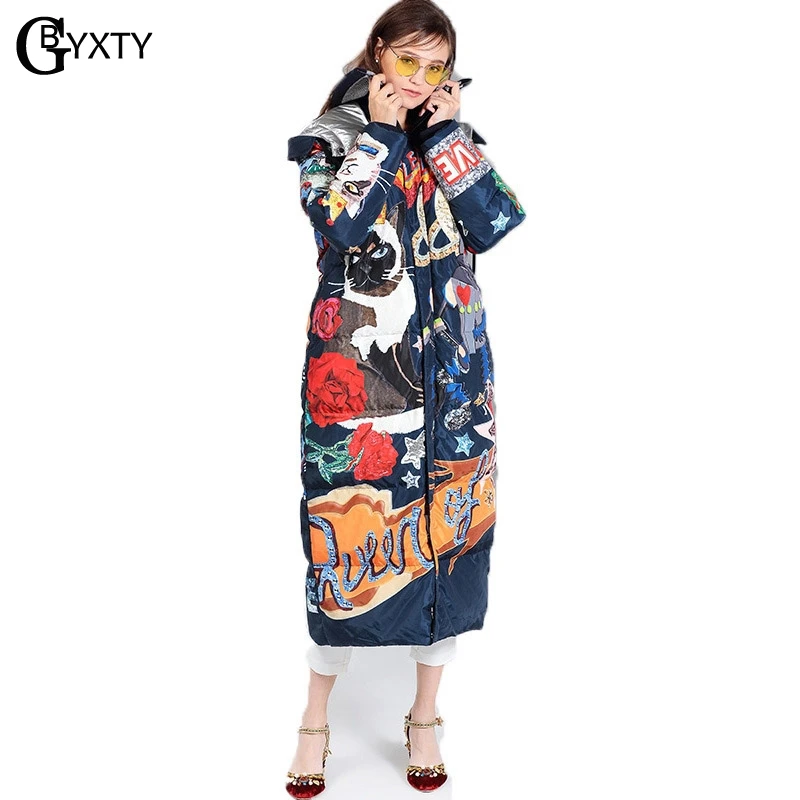 

GBYXTY Women Winter Long Thick Duck Down Jacket Coat Femme Cartoon Cat Print Harajuku Feather Puffer Jacket Down Parka ZA1086