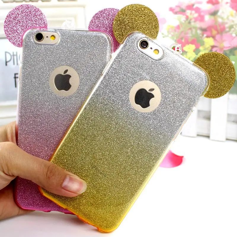 Cute Mickey Ear Phone Back Cover Case For Iphone 6 6s 5 5s SE Fundas With Neck Lanyard Coque Bags For Iphone 6 6s Plu Cases Capa