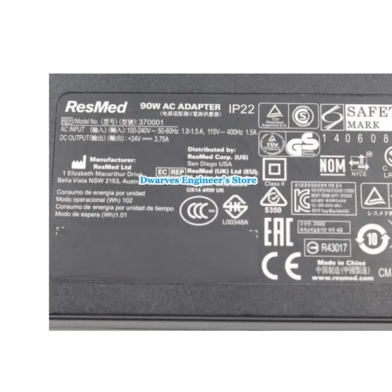 ResMed 370001 24V 3.75A 90W AC ADAPTER IP22 For ResMed AIR SENSE S10 10 AIR CURVE S10 AIR SENSE 1 370002 37015 R370-7232 DA90A24