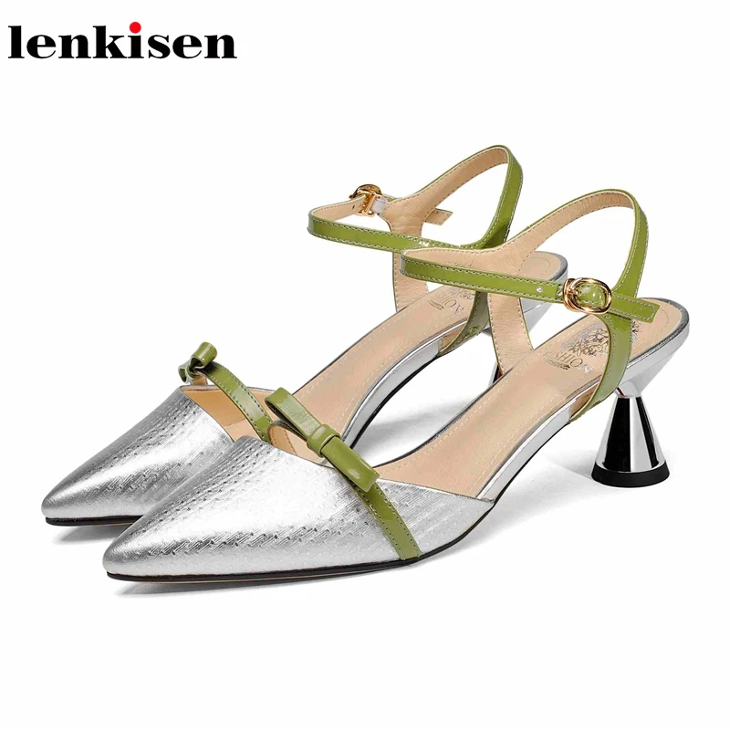 

Lenkisen 2018 genuine leather basic pointed toe strange high heel mixed color runway buckle straps silver gold shallow pumps L76