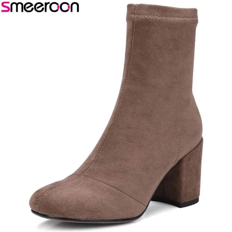 

Smeeroon 2018 new arrival fashion style autumn boots women round toe high heels ankle boots zip high quality flock boots