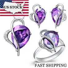 Американский запас Uloveido серебряный цвет романтические свадебные комплекты ювелирных изделий подарок Свадебные кольца ожерелье, серьги-пуссеты красный сиреневый Циркон T072