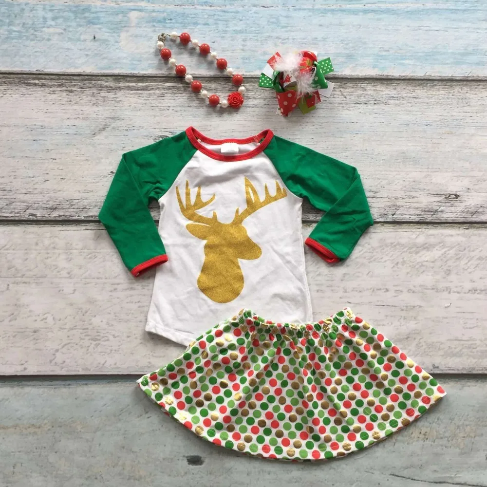 baby girls Christmas clothes girls reindeer top with polka dot skirts baby girls boutique