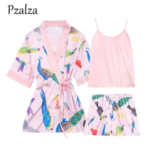 Модный комплект одежды с принтом животных и птиц, женская одежда для сна, комплект из 3 предметов: ремень+ халат+ короткая Пижама, летняя атласная пижама, женское белье
