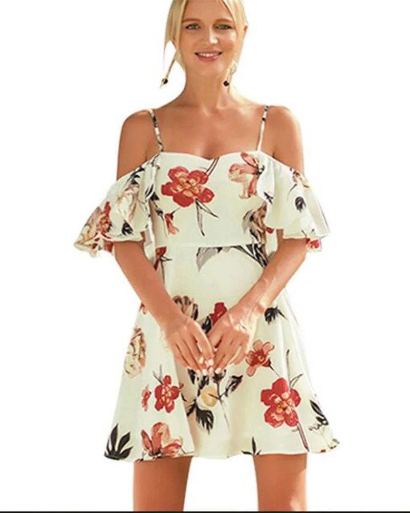 Women Summer Beach Boho Mini Dress Short Sleeved Print Floral Holiday
