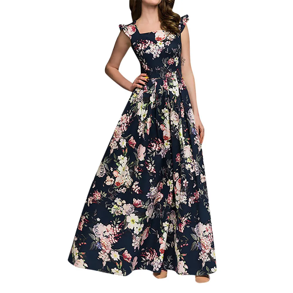 

JAYCOSIN Women Clothing Slash Neck Sleeveless Dress Ladies Vintage Casual Pleated Flower Print Elegant Slim Big Swing Maxi Dress