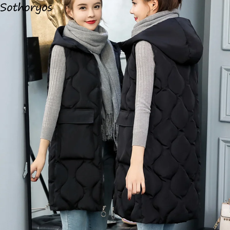

Vests Women 2019 Large Size Elegant Loose Long Style Solid Hooded Womens Waistcoats Korean Style Pockets Zippers Ladies Vest