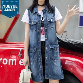 

Spring Womens Denim Vest Vintage Single Breasted Back Split Long Waistcoat Leisure Slim Pocket Sleeveless Jacket Female M-XL