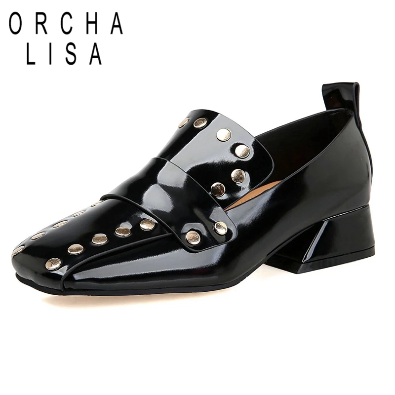 

ORCHA LISA NEW Spring Summer Shoes woman Ladies flats Square toe Button Patent leather Glitter Fashion Cool Black Silver RL3189
