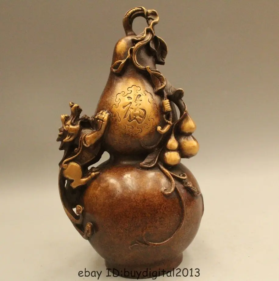 

DS 10" China Fengshui Bronze Dragon Fu Beast Uniocrn Gourd cucurbit calabash Statue