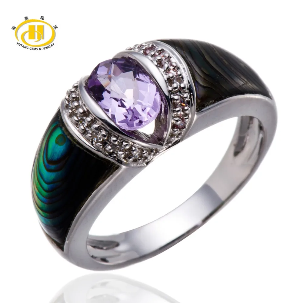 

Hutang Stone Jewelry 100% Natural Amethyst & Abalone shell & White Topaz Solid 925 Sterling Silver Ring Gemstone Fine Jewelry
