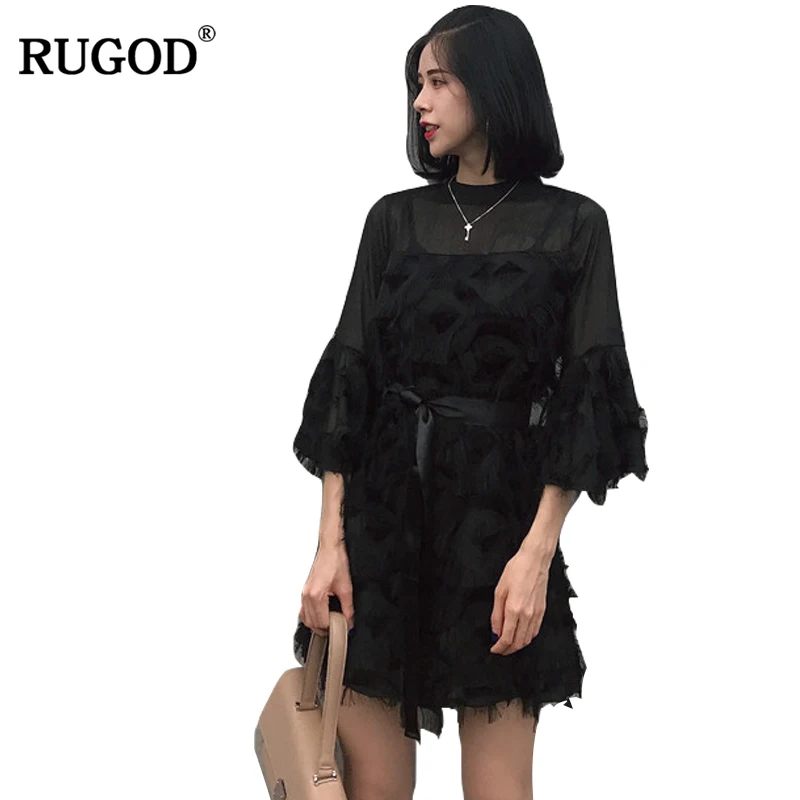

Rugod O-neck Half Sleeve Solid Women's Dress With Feathers 2019 Spring Casual Cotton Above Knee Dress For Women robe de f