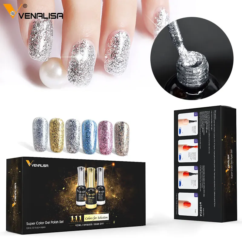 Kaufen 6PCS Neue Venalisa Nail art 12ML Nail art abendessen diamant glänzende glitter pailletten sternen platin serie nagellack farbe gel kits