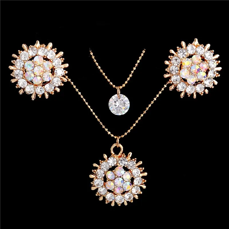 ZOSHI Модные Ювелирные наборы с кристаллами для женщин, круглый цветок, многослойная золотая цепочка, ожерелье, серьги-гвоздики, женский свадебный ювелирный набор