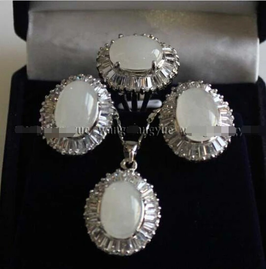 

FREE SHIPPING>>@> shipping Natural White Jade Earrings /Ring / Necklace Pendant Set 18" Natural jewelry