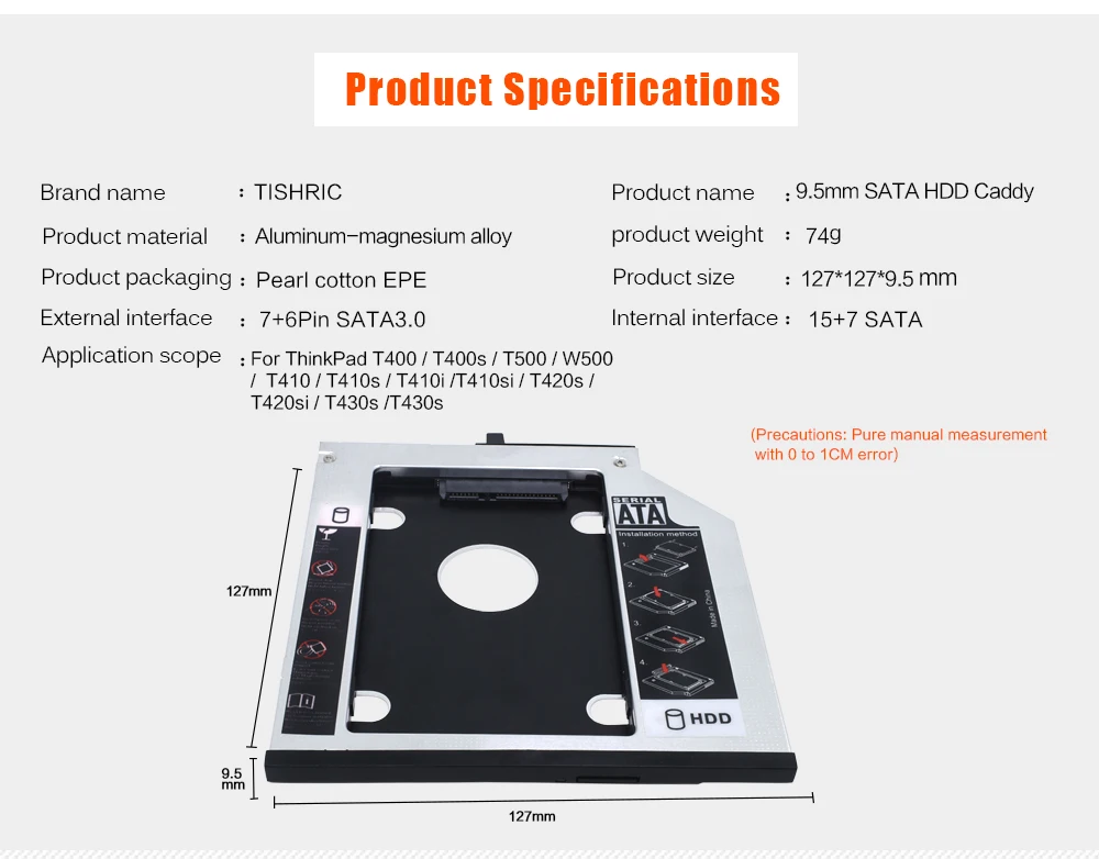 TISHRIC для lenovo ThinkPad T400s T400 T410 T410s T420sT430s T500 алюминиевый 2-ой HDD Caddy 9,5 мм SATA 3,0 2," SSD чехол Корпус