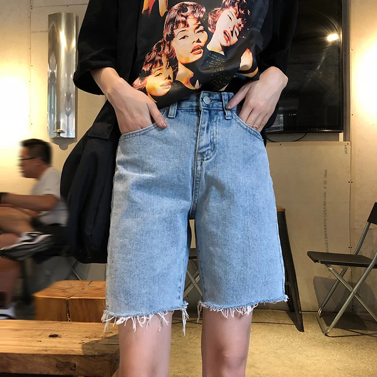 

Vintage Half Length Denim Shorts For Women Casual Tassel Blue High Wasit Shorts Korean Loose Straight Five Points Shorts Jeans