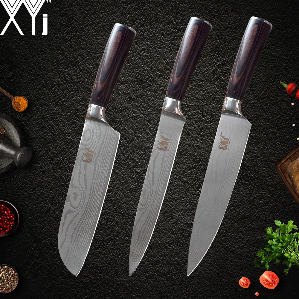 

XYj Damascus Veins 7cr17 Stainless Steel Chef Slicing Santoku Utility Knife Cooking Kitchen Knife Set Tool Accessories 3 Pcs Set