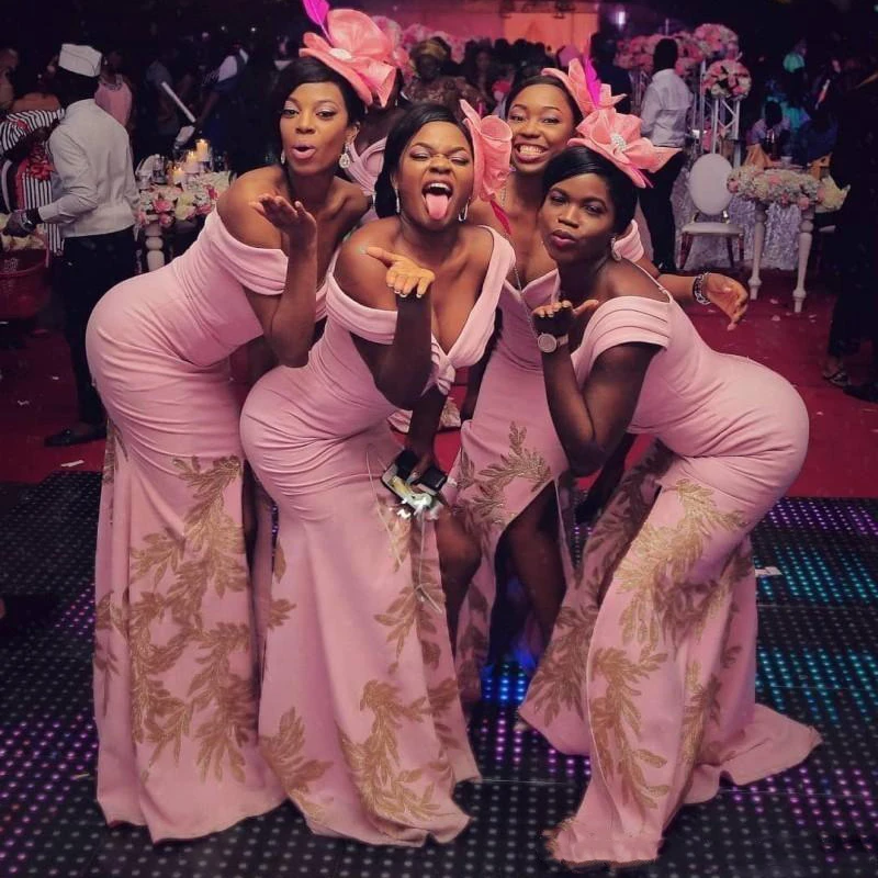 

New Pink Bridesmaid Dresses African Plus Size Off Shoulder Gold Appliques Maid Of Honor Gowns For Wedding