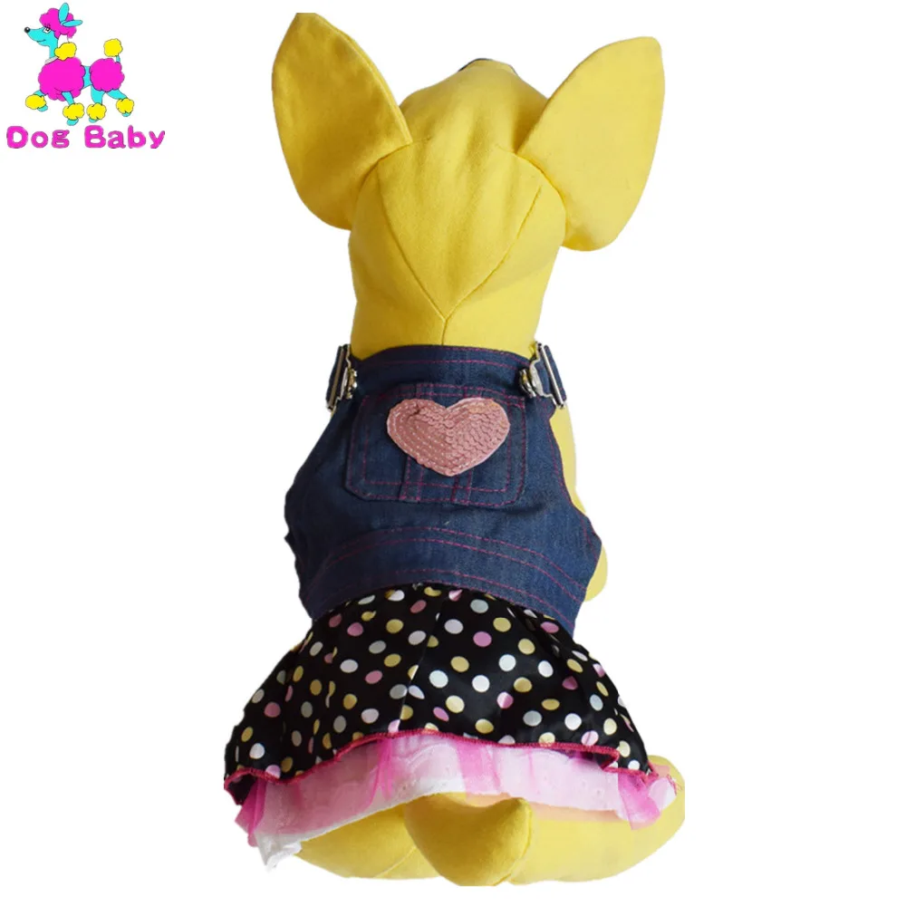 

DOGBABY Dog Dress Solid Jean Material Pet Skirt Spring Summer Dog Clothes Heart Pattern Cat Dresses Blue Color Strap Dogs Skirt