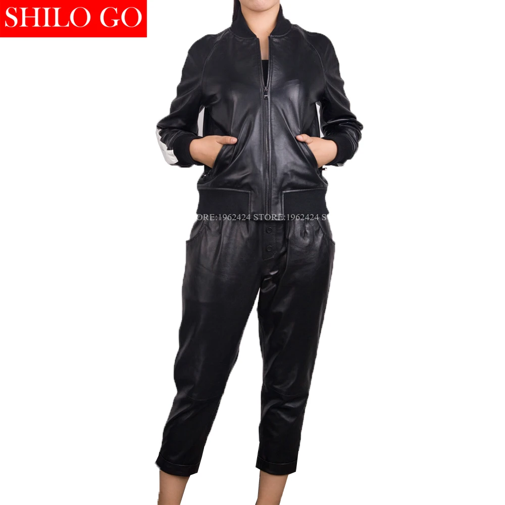 

Fashion women high quality Sheep leather striped zipper baseball jacket elastic waist pencil genuine leather pants suit 3XL