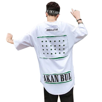 

Harajuku Patchwork t Shirt For Men Hip Hop Summer Hole Extened Lingline Curved Hem Club White t Shirt Swag Punk Tee Shirt Homme