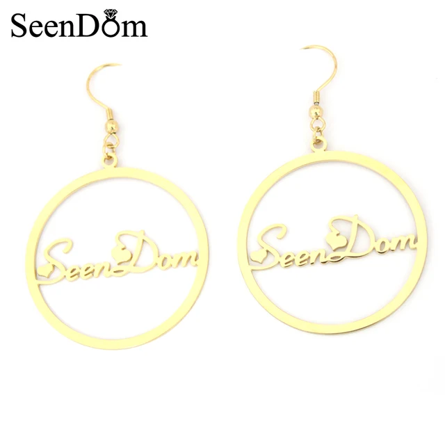 Valentine S Gift Stainless Steel With Gold Color Handwriting Valentine S Gift Stainless Steel With Gold Color Handwriting Signature Love Heart Customized Name Hoop Earring 4cm For