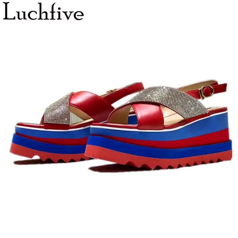 

Luchfive Cross-band Bling Crystal Platform Slippers Wide Strap Open Toe Summer Runway Thick Bottom Real Leather Slippers Women