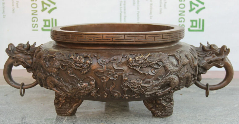 

JP S0524 28" China Bronze circular 3 Foot Dragon Beast Head handle Incense Burner Cense