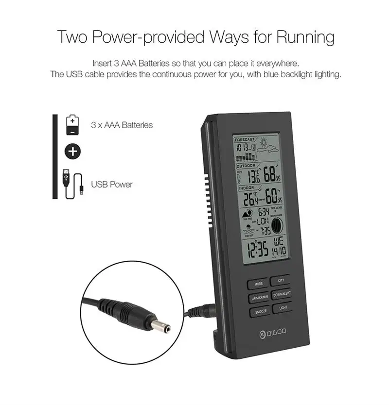 Digoo DG-TH6699 Wireless Weather Station Barometer Forecast Thermometer USB Outdoor Sensor Clock