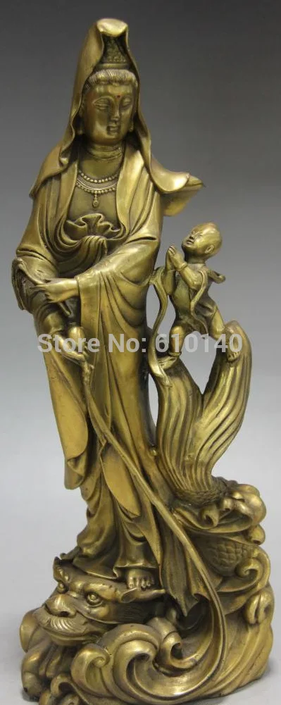

Tibet Pure Brass Copper Standing Dragon Fish Send Boy Guan Yin Kwan-yin Buddha