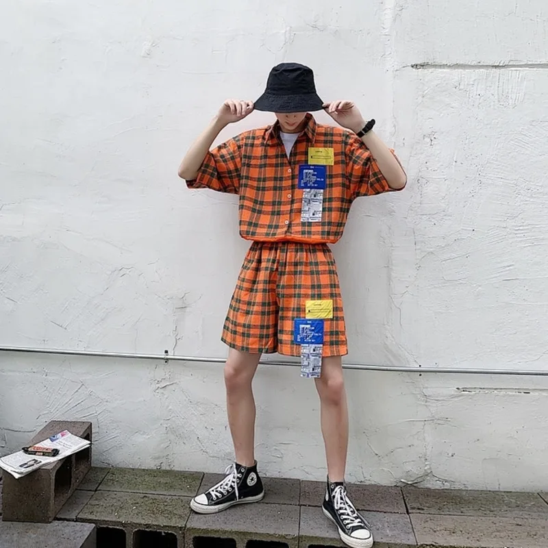 2019 летняя новая рубашка с коротким рукавом шорты Мужская повседневная одежда уличная Harajuku решетка хип-хоп свободная строчка из двух частей