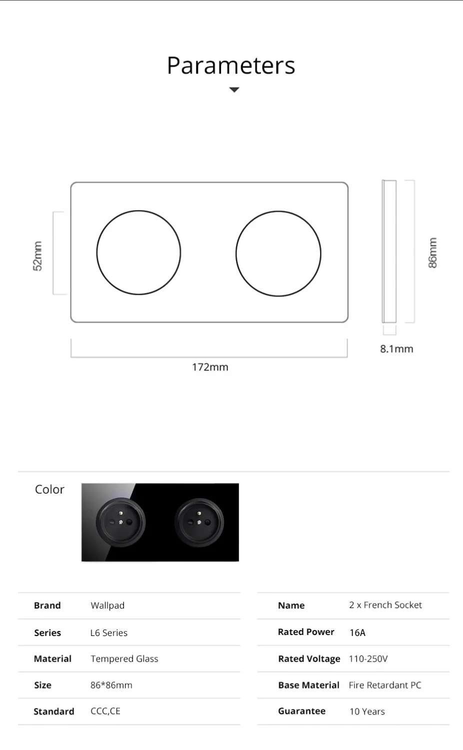 Настенная панель L6 черная двойная рамка из закаленного стекла французская розетка электрическая розетка 16А круглый дизайн