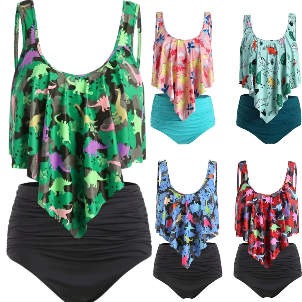 

2019 New Bikinis Women Swimsuit High Waist Bathing Suit Plus Size Swimwear Dinosaur Print Bathing Suit Beach Swimwear