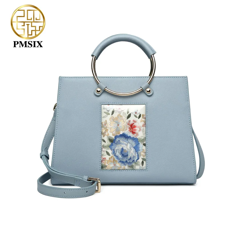 

Pmsix 2018 designer brand famous in womens'bag manual Embroidery Flowers Handbags circular handle Split Leather crossbody bags