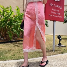 Летняя Корейская версия, кружевная юбка, стильная женская юбка с разрезом сбоку, средняя удлиненная юбка, элегантная женская юбка с высокой талией, тонкая розовая женская Юбка Saia