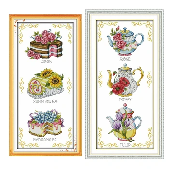 

Flower cake teapot cross stitch kit counted white canvas fabric 18ct pre printed 14ct 11ct embroidery DIY handmade needlework